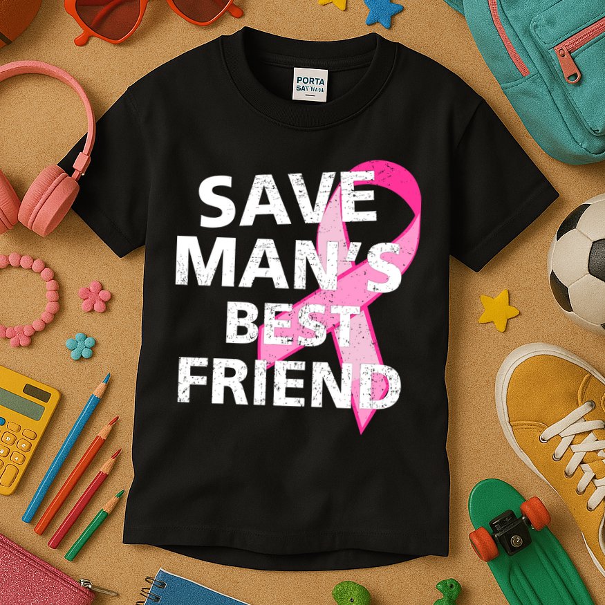 Save Man's Best Friend Breast Cancer Ribbon Kids T-Shirt
