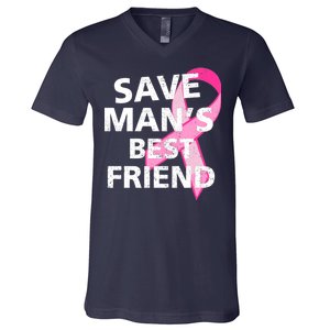 Save Man's Best Friend Breast Cancer Ribbon V-Neck T-Shirt