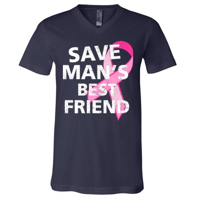 Save Man's Best Friend Breast Cancer Ribbon V-Neck T-Shirt