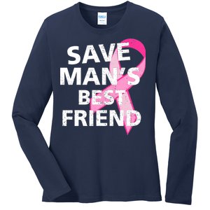 Save Man's Best Friend Breast Cancer Ribbon Ladies Long Sleeve Shirt