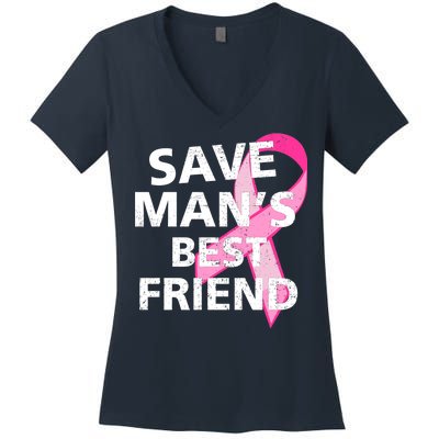 Save Man's Best Friend Breast Cancer Ribbon Women's V-Neck T-Shirt