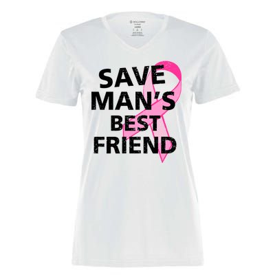 Save Man's Best Friend Breast Cancer Ribbon Women's Momentum V-Neck T-Shirt