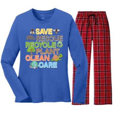 Save Rescue Recycle Plant Clean Care Earth Day Women's Long Sleeve Flannel Pajama Set 