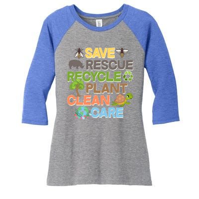 Save Rescue Recycle Plant Clean Care Earth Day Women's Tri-Blend 3/4-Sleeve Raglan Shirt