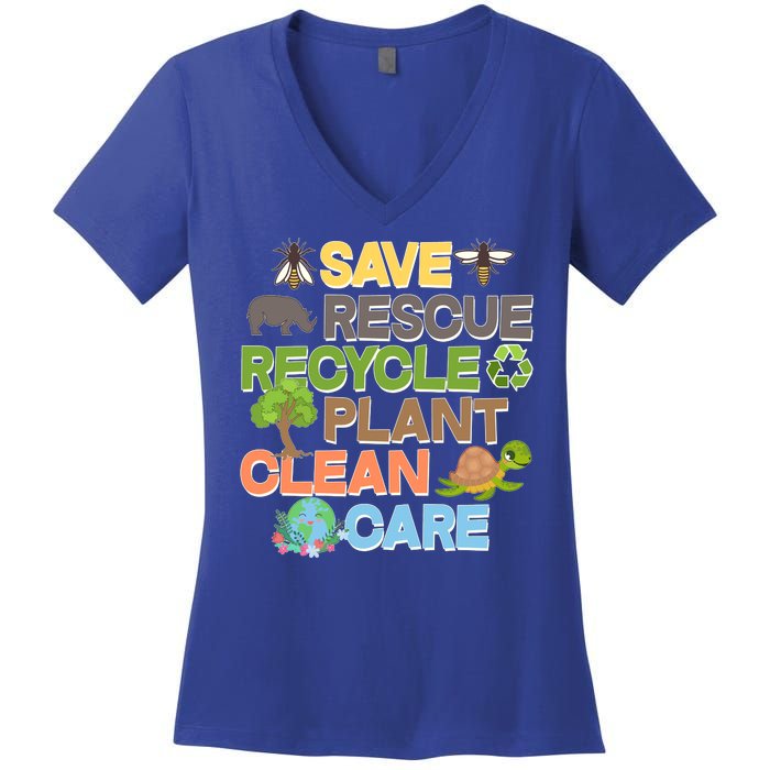 Save Rescue Recycle Plant Clean Care Earth Day Women's V-Neck T-Shirt