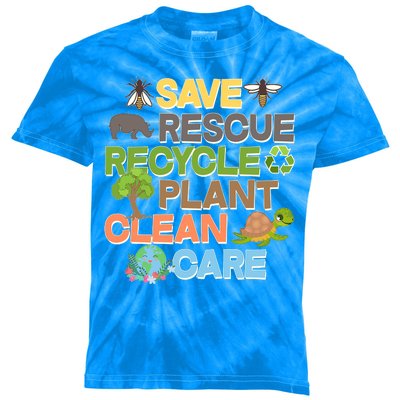 Save Rescue Recycle Plant Clean Care Earth Day Kids Tie-Dye T-Shirt