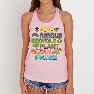 Save Rescue Recycle Plant Clean Care Earth Day Women's Knotted Racerback Tank