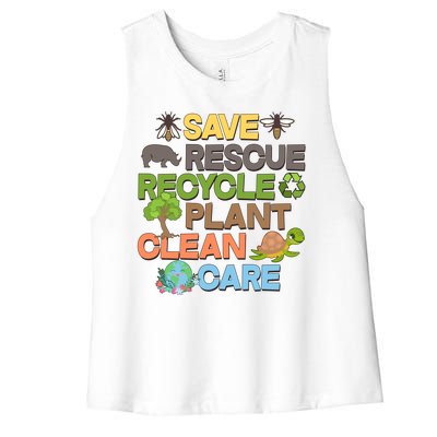 Save Rescue Recycle Plant Clean Care Earth Day Women's Racerback Cropped Tank