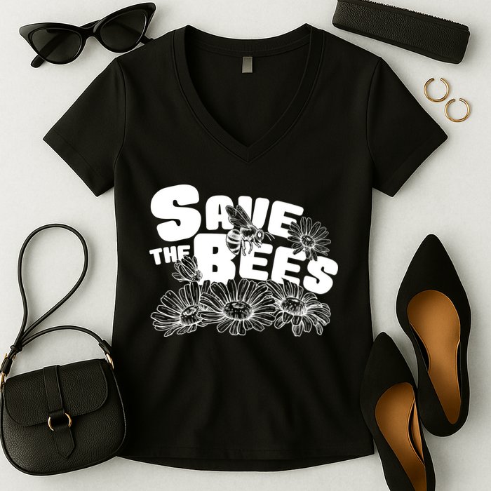 Save The Bees Floral Women's V-Neck T-Shirt