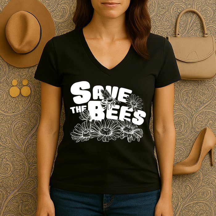 Save The Bees Floral Women's V-Neck T-Shirt