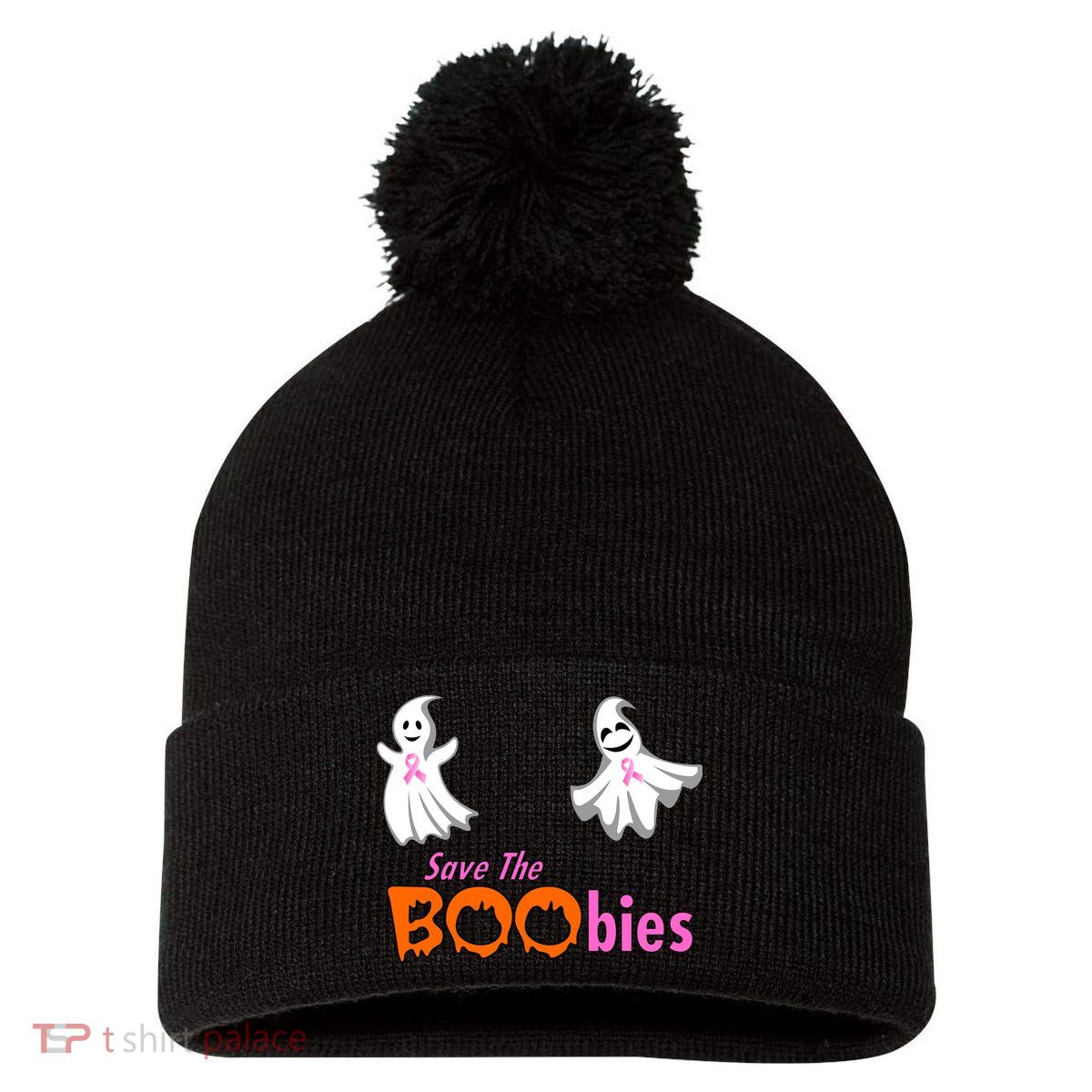Save The Boobies Halloween Ghost Pom Pom 12in Knit Beanie