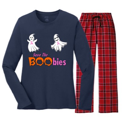 Save The Boobies Halloween Ghost Women's Long Sleeve Flannel Pajama Set 