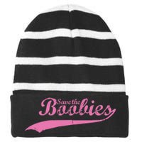 Save The Boobies Retro Breast Cancer Striped Beanie with Solid Band