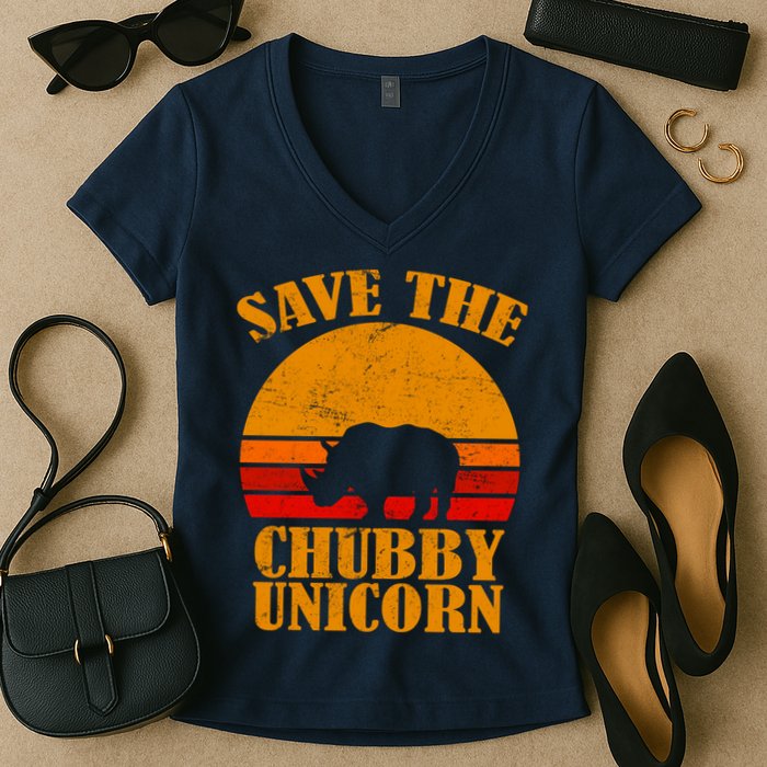 Save The Chubby Unicorn Distressed Sun Women's V-Neck T-Shirt