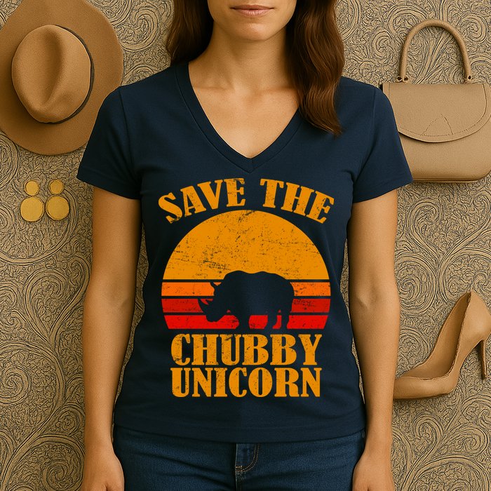 Save The Chubby Unicorn Distressed Sun Women's V-Neck T-Shirt