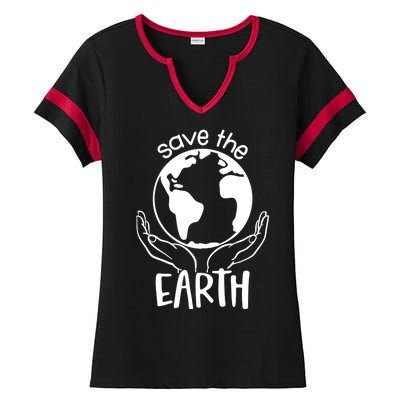 Save The Earth Holding Globe Ladies Halftime Notch Neck Tee