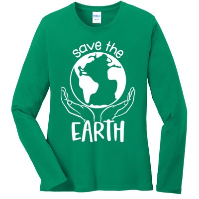 Save The Earth Holding Globe Ladies Long Sleeve Shirt