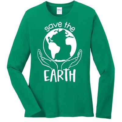 Save The Earth Holding Globe Ladies Long Sleeve Shirt