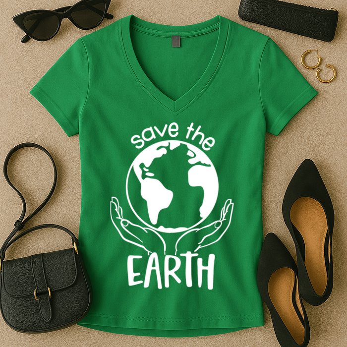 Save The Earth Holding Globe Women's V-Neck T-Shirt