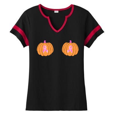 Save The Pumpkins Breast Cancer Ribbon Ladies Halftime Notch Neck Tee