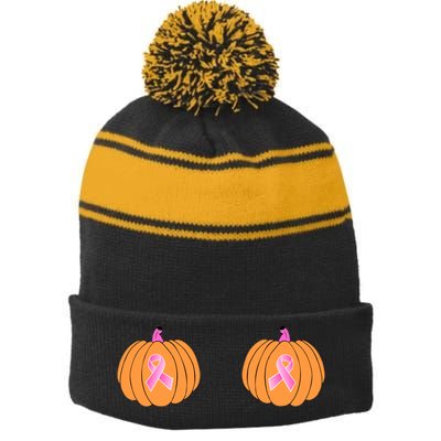 Save The Pumpkins Breast Cancer Ribbon Stripe Pom Pom Beanie