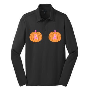 Save The Pumpkins Breast Cancer Ribbon Silk Touch Performance Long Sleeve Polo