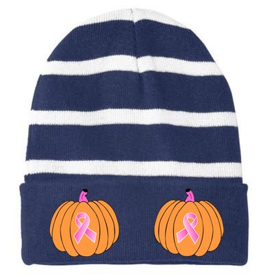 Save The Pumpkins Breast Cancer Ribbon Striped Beanie with Solid Band