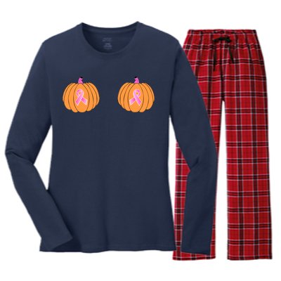 Save The Pumpkins Breast Cancer Ribbon Women's Long Sleeve Flannel Pajama Set 