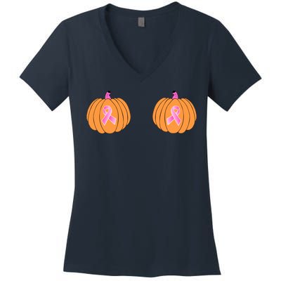 Save The Pumpkins Breast Cancer Ribbon Women's V-Neck T-Shirt