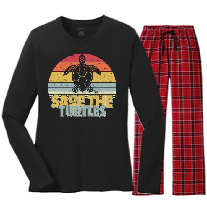 Save The Turtles Retro Style Women's Long Sleeve Flannel Pajama Set 