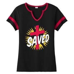 Saved Comic Cross Ladies Halftime Notch Neck Tee