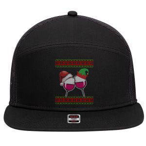 Santa And Wine Glasses Hat Christmas Funny Wine Lover Gift 7 Panel Mesh Trucker Snapback Hat