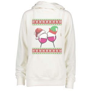 Santa And Wine Glasses Hat Christmas Funny Wine Lover Gift Womens Funnel Neck Pullover Hood