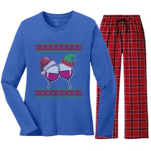 Santa And Wine Glasses Hat Christmas Funny Wine Lover Gift Women's Long Sleeve Flannel Pajama Set 