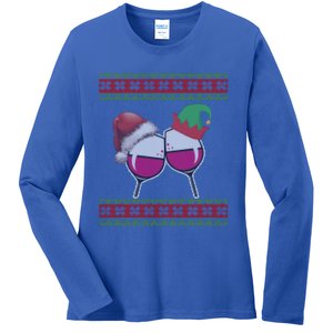 Santa And Wine Glasses Hat Christmas Funny Wine Lover Gift Ladies Long Sleeve Shirt