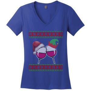 Santa And Wine Glasses Hat Christmas Funny Wine Lover Gift Women's V-Neck T-Shirt