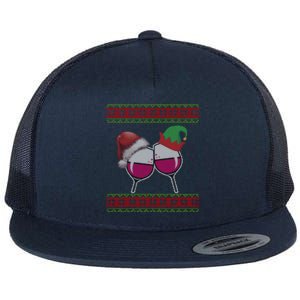 Santa And Wine Glasses Hat Christmas Funny Wine Lover Gift Flat Bill Trucker Hat