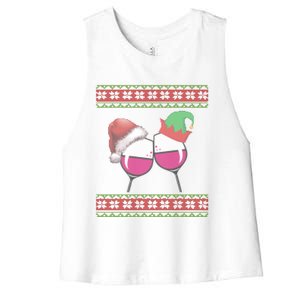 Santa And Wine Glasses Hat Christmas Funny Wine Lover Gift Women's Racerback Cropped Tank