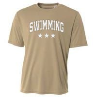 Swimming All White Stars Classic Retro Varsity Text Cooling Performance Crew T-Shirt