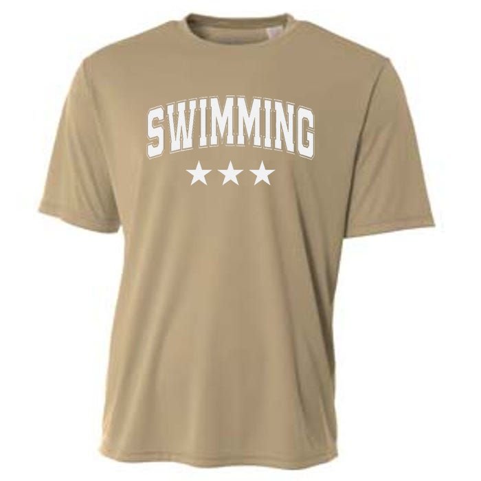 Swimming All White Stars Classic Retro Varsity Text Cooling Performance Crew T-Shirt