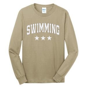 Swimming All White Stars Classic Retro Varsity Text Tall Long Sleeve T-Shirt