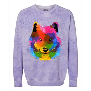 Splash Art Wolf Funny Watercolor Wildlife Dog Canine Outfit Colorblast Crewneck Sweatshirt