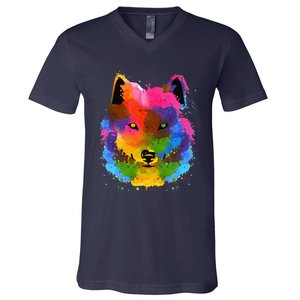 Splash Art Wolf Funny Watercolor Wildlife Dog Canine Outfit V-Neck T-Shirt