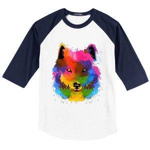 Splash Art Wolf Funny Watercolor Wildlife Dog Canine Outfit Baseball Sleeve Shirt