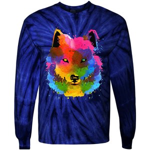 Splash Art Wolf Funny Watercolor Wildlife Dog Canine Outfit Tie-Dye Long Sleeve Shirt