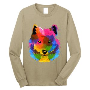 Splash Art Wolf Funny Watercolor Wildlife Dog Canine Outfit Long Sleeve Shirt