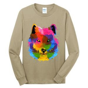 Splash Art Wolf Funny Watercolor Wildlife Dog Canine Outfit Tall Long Sleeve T-Shirt