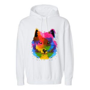 Splash Art Wolf Funny Watercolor Wildlife Dog Canine Outfit Garment-Dyed Fleece Hoodie