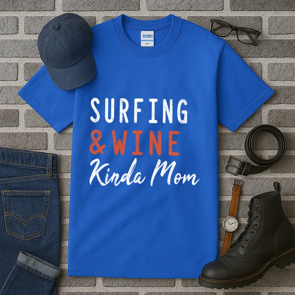 Surfing And Wine Kinda Mom Surfer Hawaiian Surfboard Great Gift Tall T-Shirt