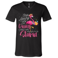 Stop Asking Why I'm Crazy Flamingo Stupid Pink Funny Wo V-Neck T-Shirt